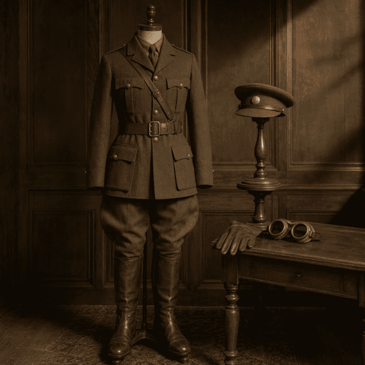 A belted military-style tunic, breeches and a peaked cap echo Bessie Coleman's best-known portraits.