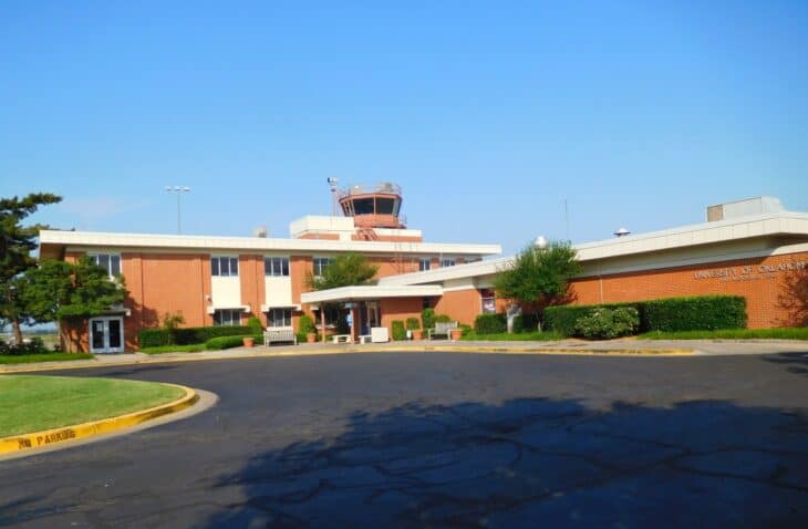 Brick terminal building and control tower at Max Westheimer Airport in Norman, Oklahoma