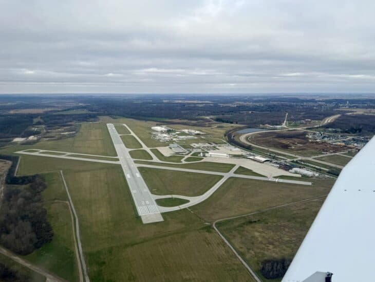 Aerial view of Purdue University Airport in West Lafayette, Indiana, seen from a light aircraft