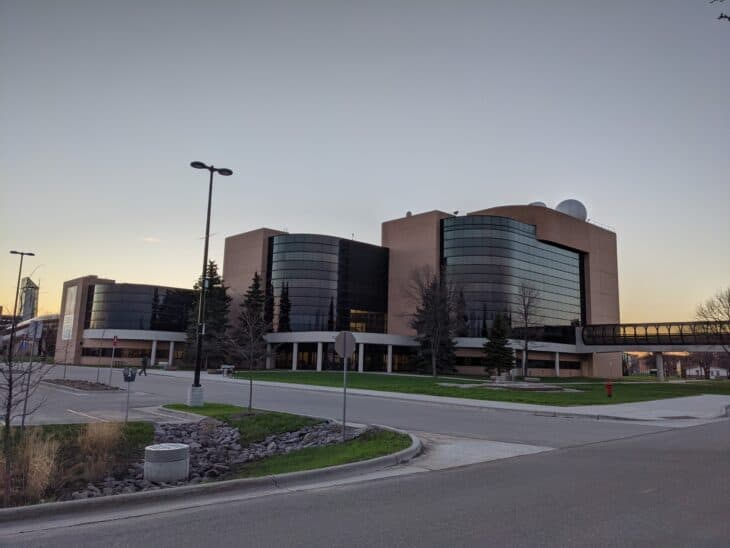 Clifford Hall, part of the UND Aerospace complex on the University of North Dakota campus in Grand Forks, at dusk