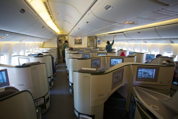 EVA Air Royal Laurel business class seats in a reverse herringbone layout on a Boeing 777-300ER