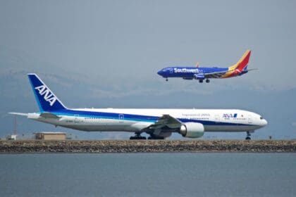All Nippon Airways Boeing 777-300ER JA782A on approach over the water at San Francisco