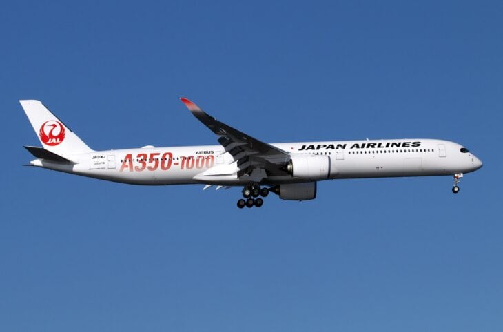 Japan Airlines Airbus A350-1000 JA01WJ in red A350-1000 titles on approach