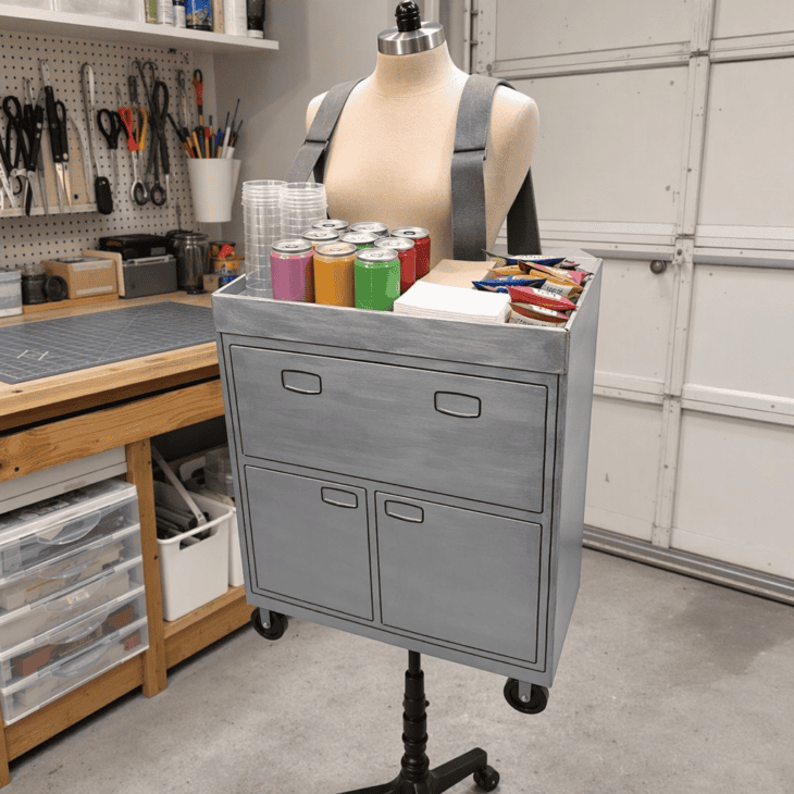 A wearable cardboard drink cart is the funniest flight attendant costume you can make in an afternoon.