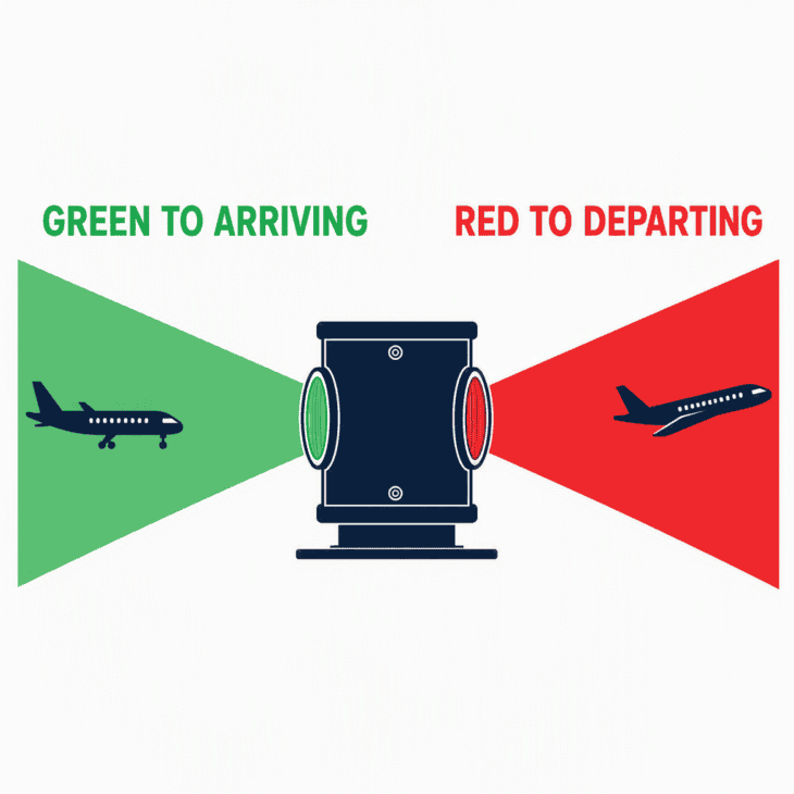 A runway end light shows green to aircraft approaching and red to aircraft rolling toward it.