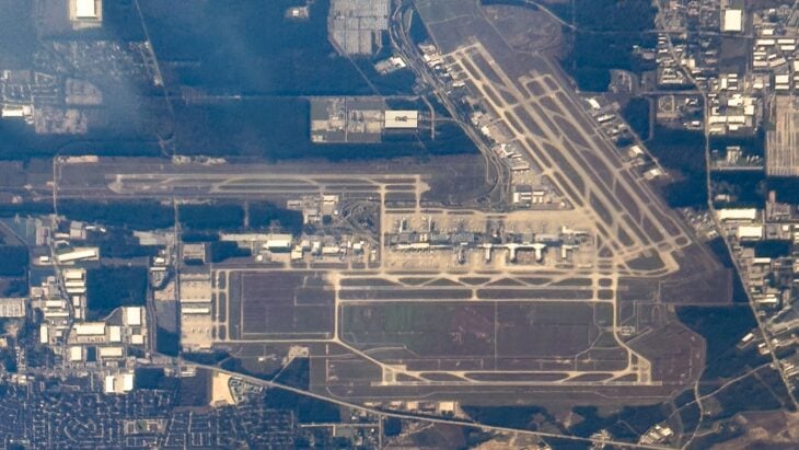 Aerial view of George Bush Intercontinental Airport in Houston, showing its parallel runways and central terminal complex surrounded by forest and development