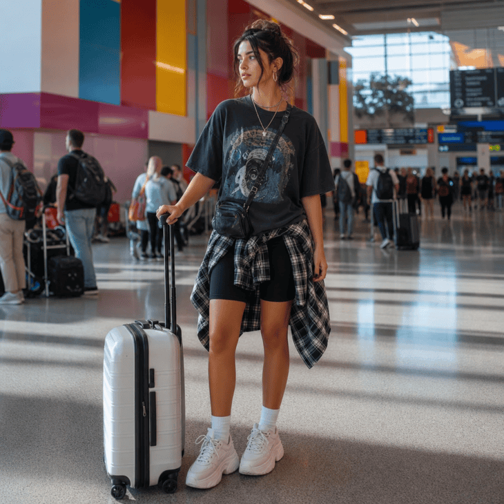 Bike shorts under an oversized tee is a streetwear staple that travels as well as it photographs.