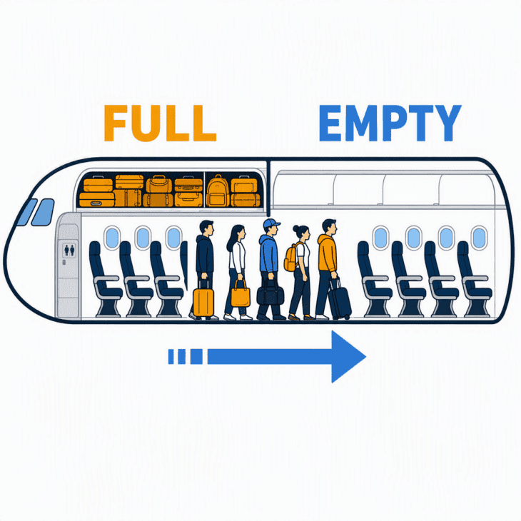 An assigned seat turns the bin overhead into personal territory, so the front fills first and the aisle stops moving.