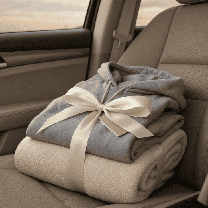 A soft layer waiting on the passenger seat makes the drive home feel like the first part of the welcome.