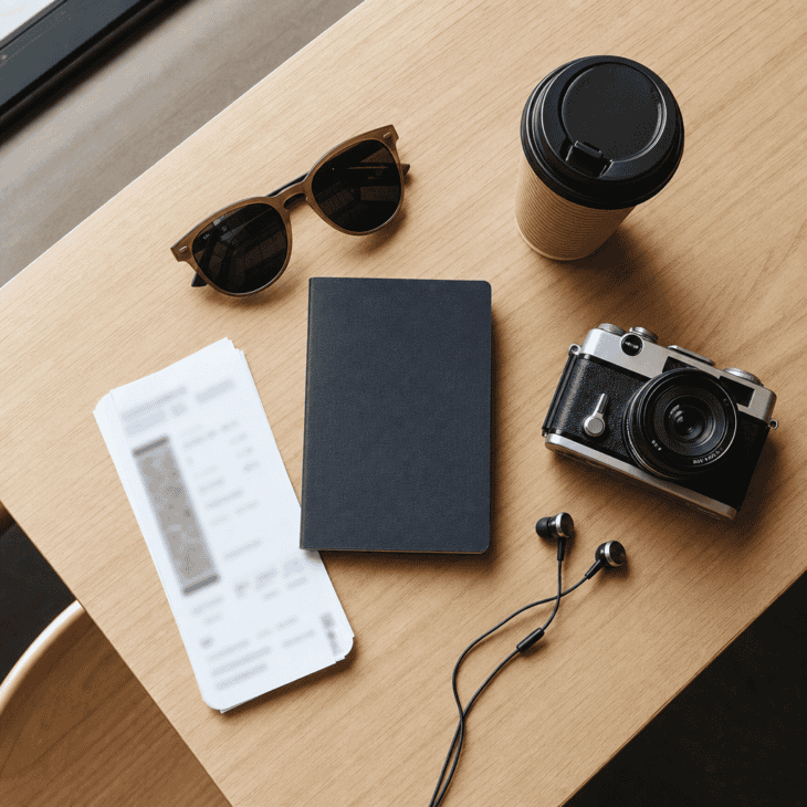 A loosely arranged flat lay of your travel essentials is the classic pre-flight scroll-stopper.