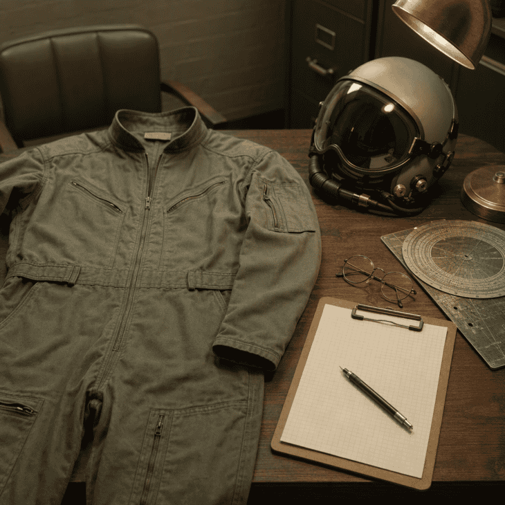 A clipboard and a navigation plotter turn a plain flight suit into Bob, the weapons systems officer.