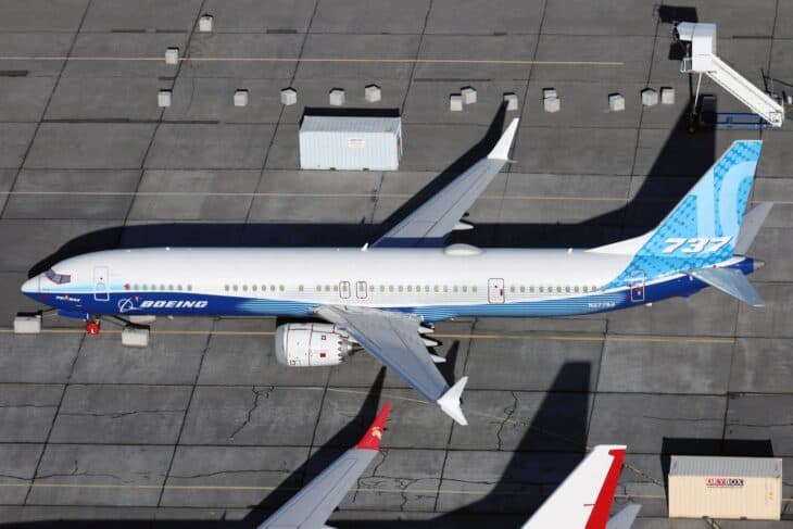 Boeing 737 MAX 10 test aircraft N27752 parked on the ramp at Grant County International Airport, seen from above