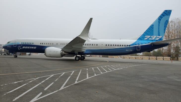 The first Boeing 737 MAX 10, N27751, parked on the apron in Boeing house livery during its rollout ceremony in November 2019