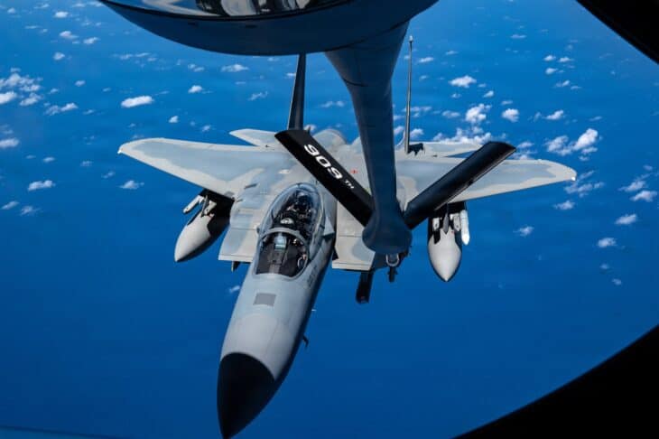 An F-15EX Eagle II from the 85th Test and Evaluation Squadron approaches a KC-135 Stratotanker of the 909th Air Refueling Squadron for fuel en route to Kadena Air Base, Japan, on June 29, 2026.