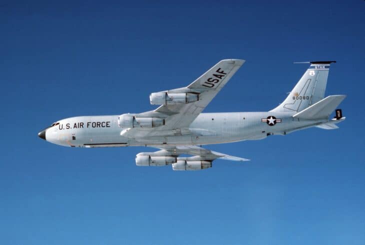 A Utah Air National Guard KC-135 flies over the northern English Channel in 1994.