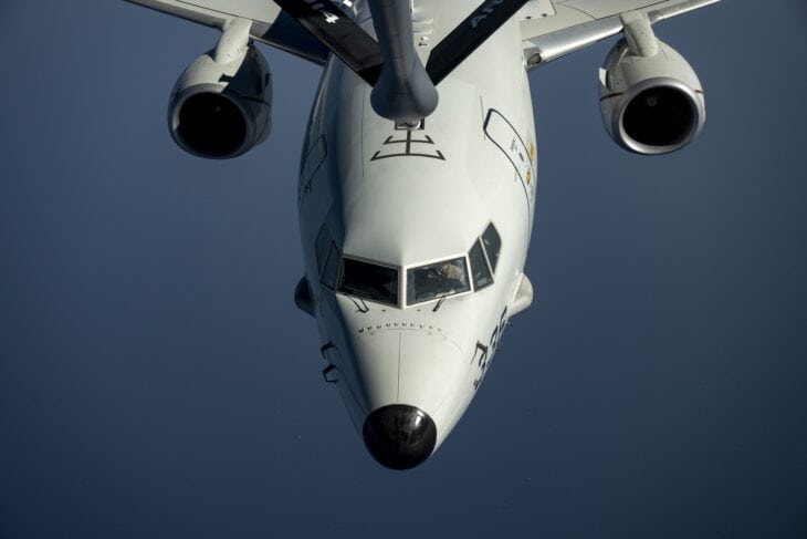 A US Navy P-8A takes fuel from a KC-135 Stratotanker’s boom over the Middle East in May 2025.