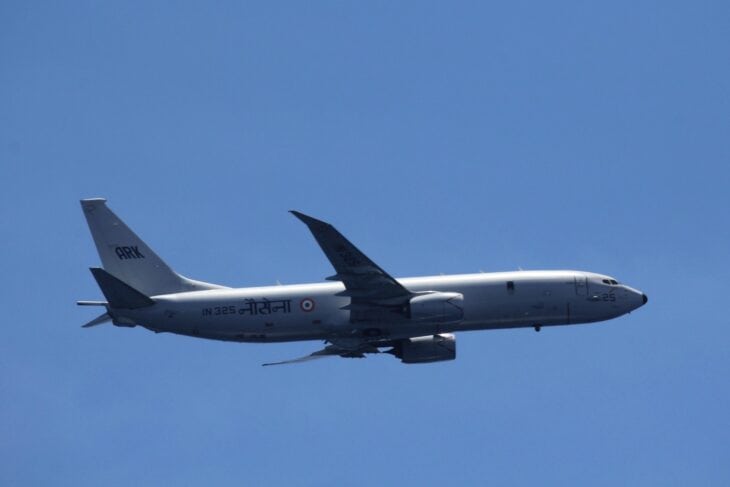 Indian Navy Boeing P-8I Neptune flying over the Indian Ocean against a clear blue sky