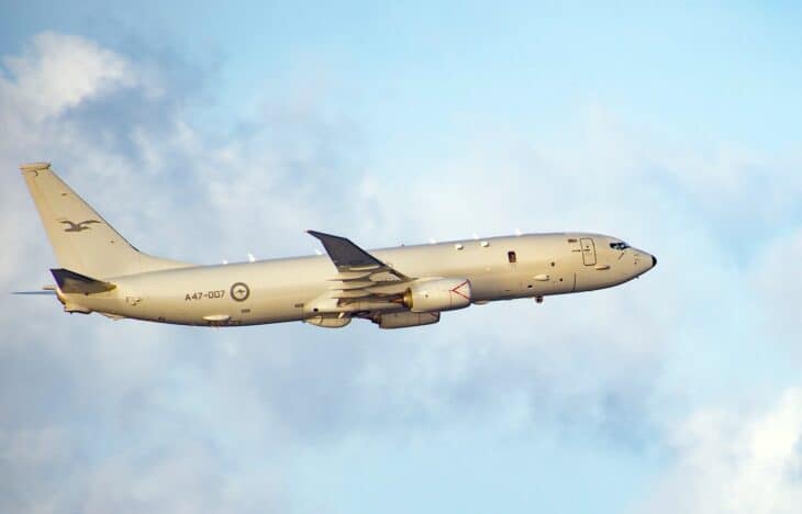 Royal Australian Air Force P-8A Poseidon A47-007 of No. 11 Squadron flying over the Indian Ocean