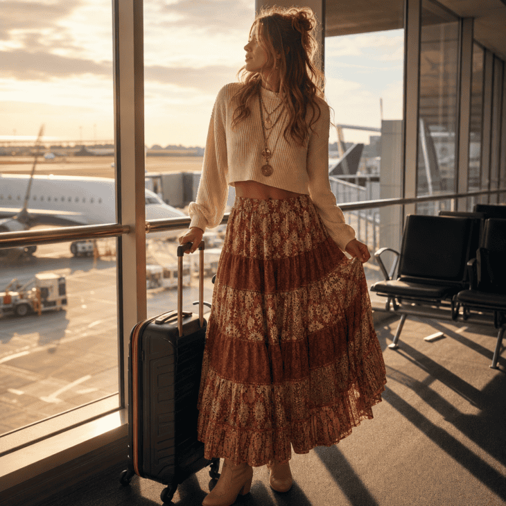 A tiered boho maxi skirt paired with a cropped sweater layers texture without any waistband pressure.