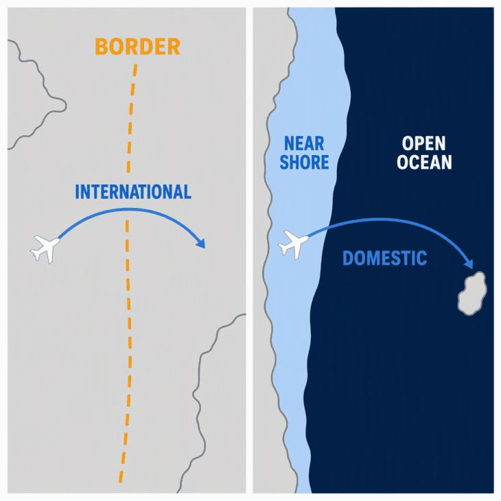 A border decides whether a flight is international; distance from shore decides what safety equipment it carries.