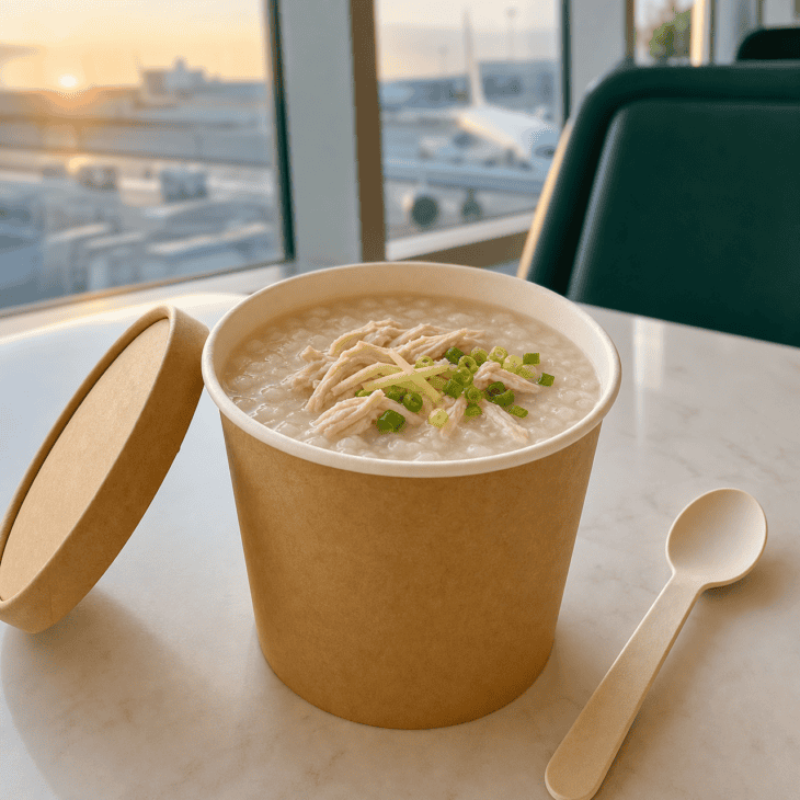 A small cup of congee is a warm, gentle breakfast for airports with regional morning menus.
