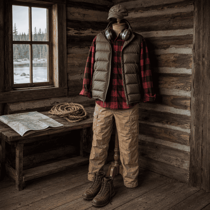 Flannel, a puffer vest and a headset around the neck: the backcountry pilot.