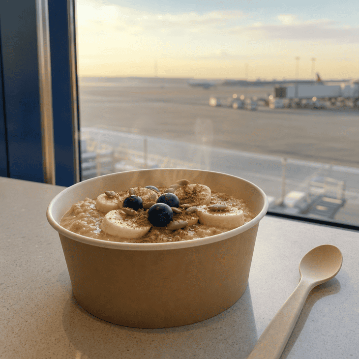 Hot oatmeal is a dependable airport-cafe breakfast that can be customized without extra mess.