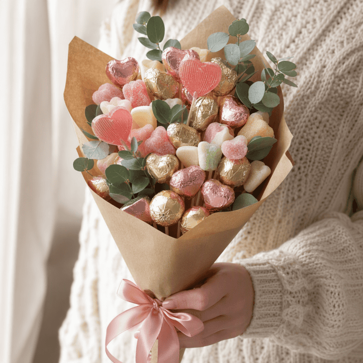 A bouquet of her favorite sweets lasts longer than flowers and gets eaten on the drive home.