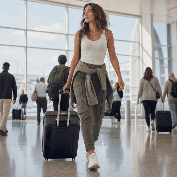 Stretch cargo pants and a fitted tank keep the outfit moving through a long connection.