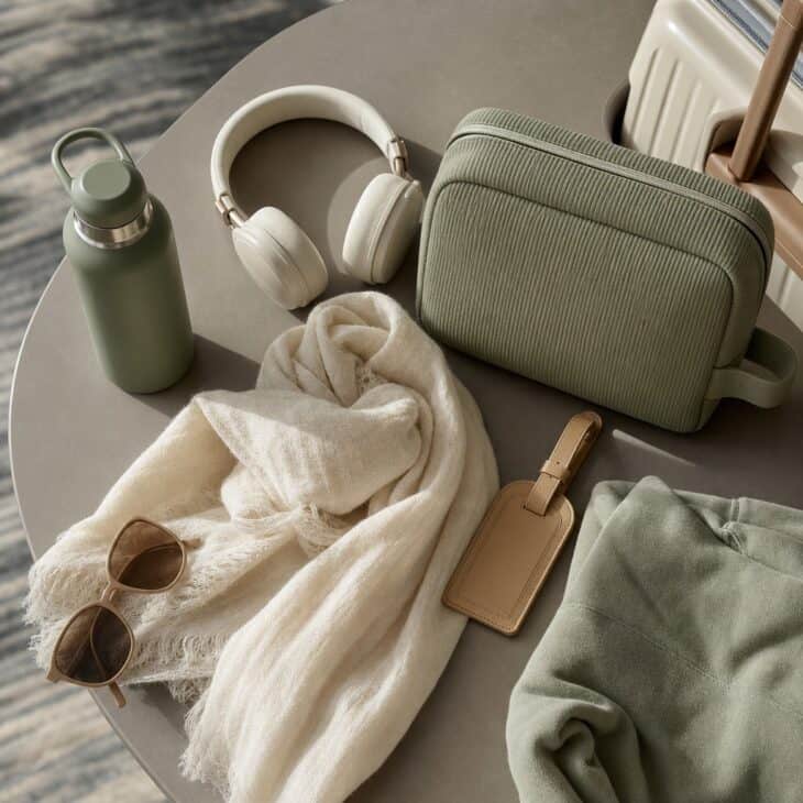 Repeating two or three colors turns ordinary carry-on gear into a polished story frame.