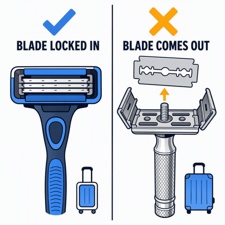 Cartridge blades are locked in plastic. A safety razor's blade lifts out, and that loose blade is what TSA bans from the cabin.