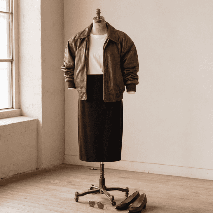 Charlie's look pairs a rugged leather bomber with a sharp pencil skirt.