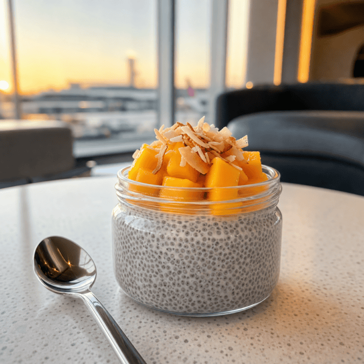 Thick chia pudding with mango is a cool make-ahead breakfast best handled after security.