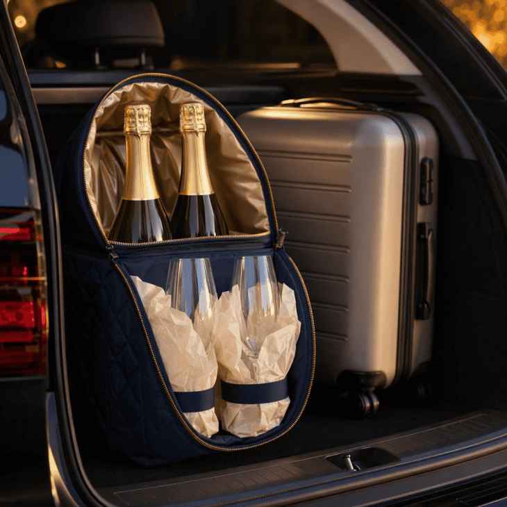 A sealed bottle packed in the trunk saves the toast for when everyone is finally home.