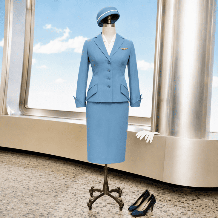 A blue suit, a small hat and white gloves are the heart of the classic 1960s stewardess costume.
