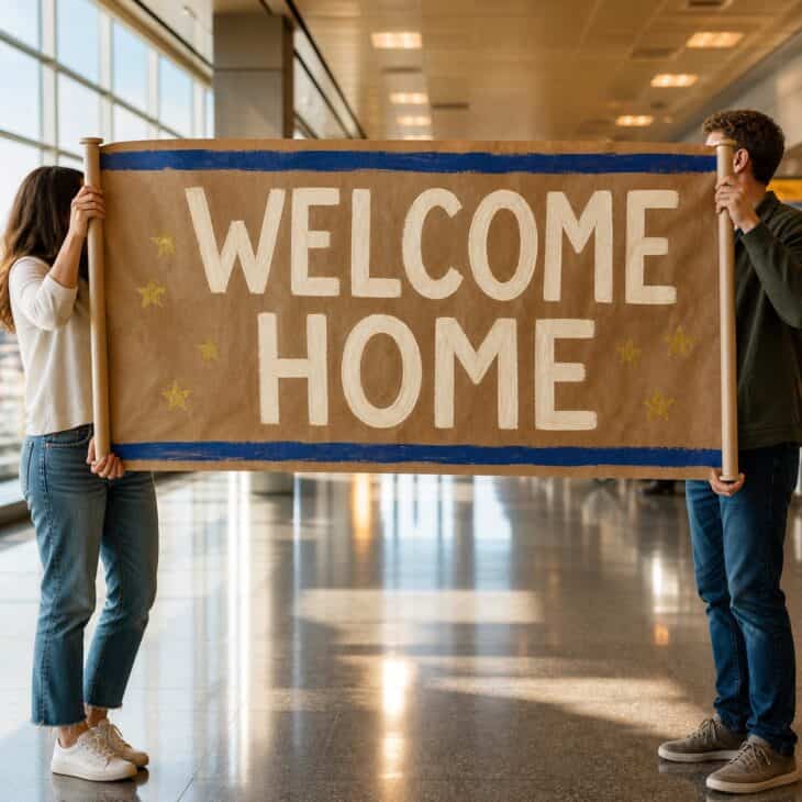Kraft paper and oversized cream lettering give the classic welcome-home banner a warmer finish.
