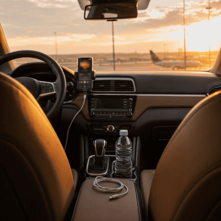 A clean car and his playlist make the drive home feel planned.