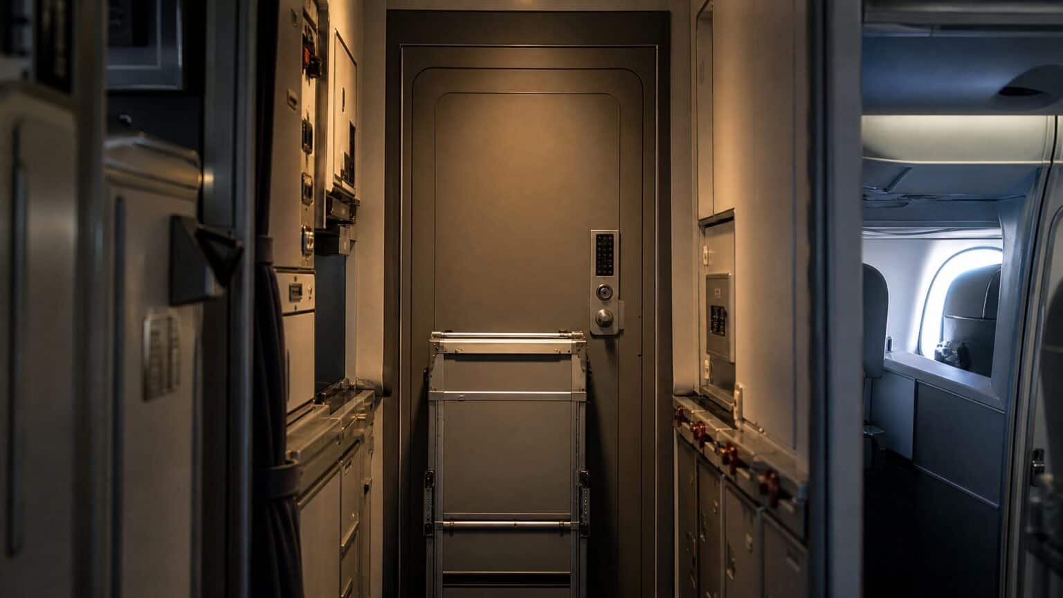 Locked reinforced flight deck door seen from the forward galley of an airliner, with a keypad lock and a galley cart parked across the aisle