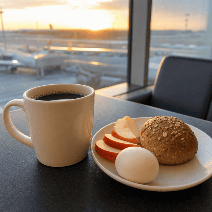 Pairing coffee with egg, fruit, and bread turns a caffeine stop into an actual breakfast.