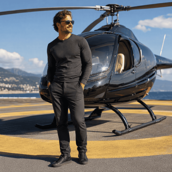 Stretch fabrics and a true fit matter more than size on a helicopter seat.