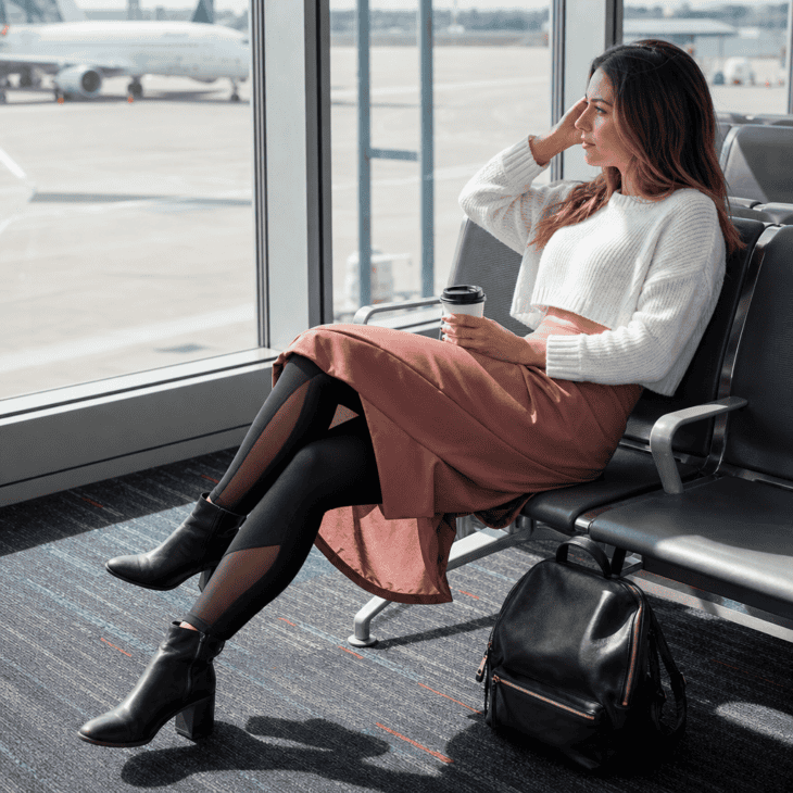 Compression leggings worn under a midi skirt add circulation support without looking sporty.