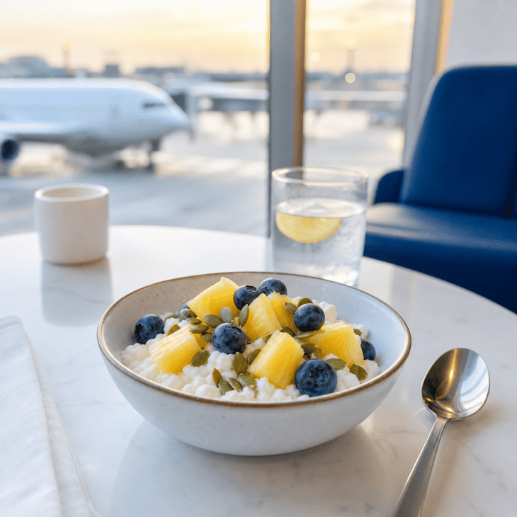 Cottage cheese with pineapple makes a cool, protein-centered airport breakfast.