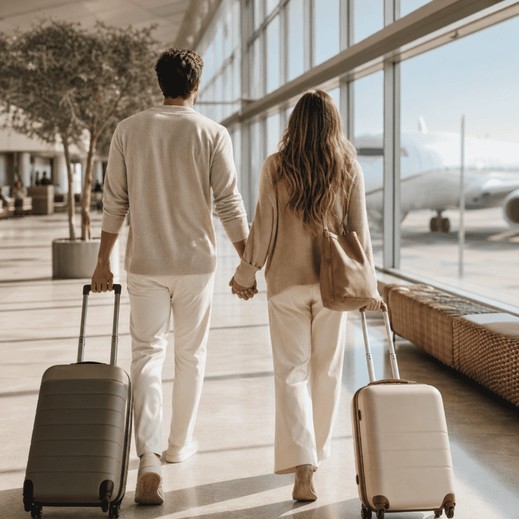 Shot from behind, the linked hands and matching luggage tell the whole story without a single face.