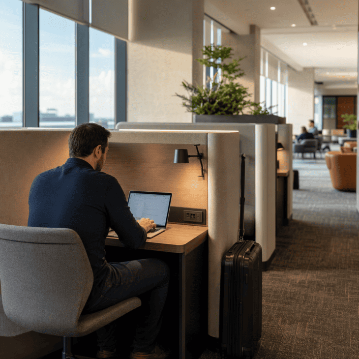 A desk with a door beats a gate bench for the traveler taking a call between flights.
