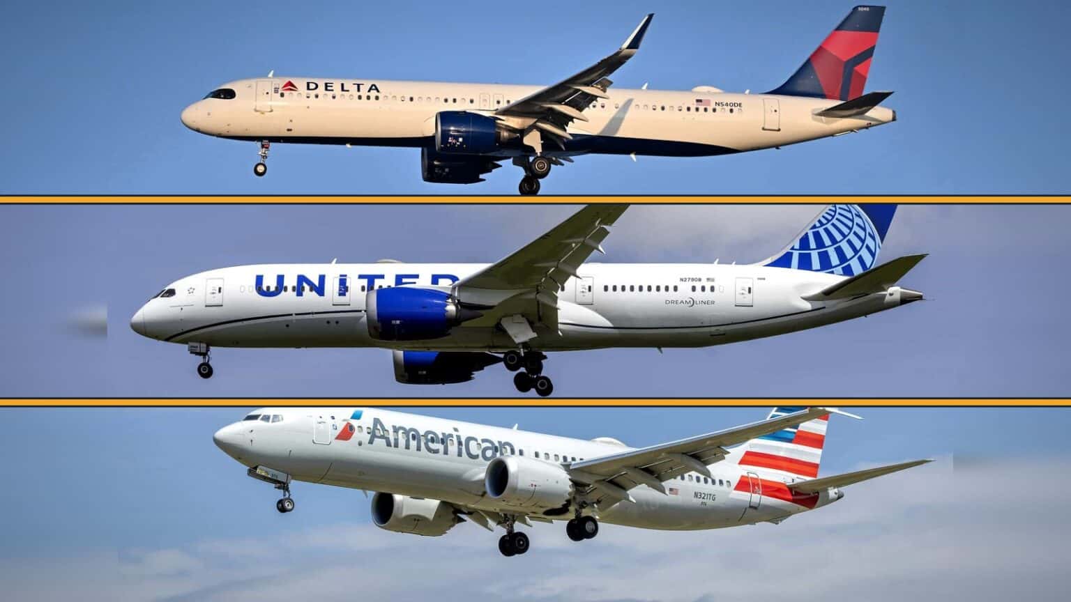 A Delta Air Lines Airbus A321neo, a United Airlines Boeing 787 Dreamliner and an American Airlines Boeing 737 MAX on approach, shown in three stacked panes