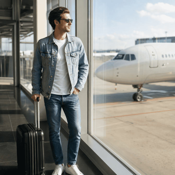 Two contrasting denim washes keep a full denim outfit from reading as a matching set.