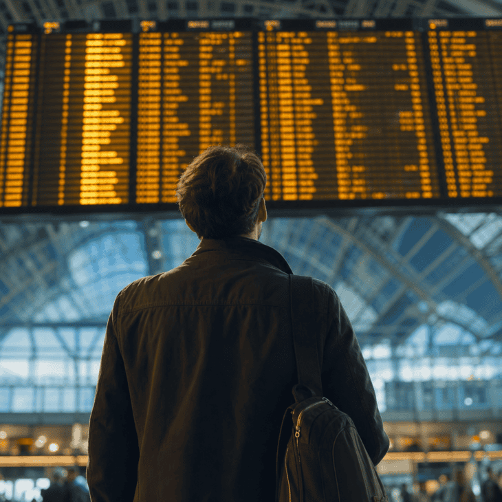 Shooting the departures board from behind the traveler keeps the focus on the moment of choosing where to go.