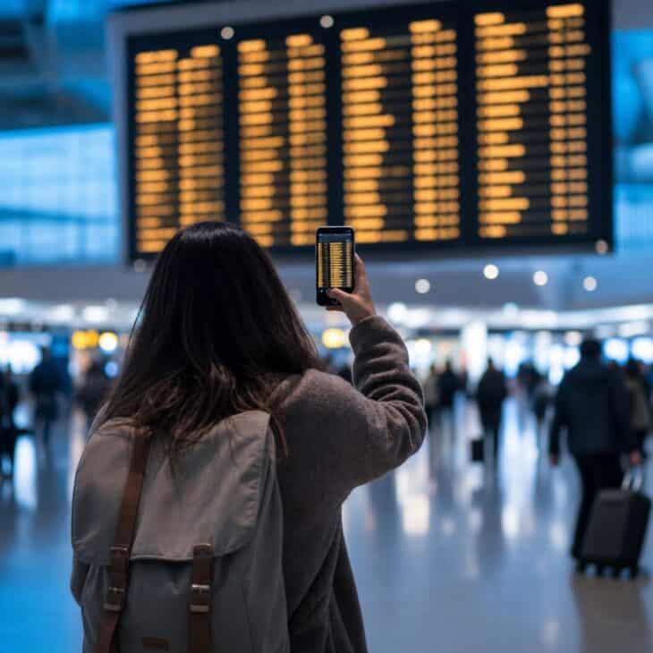 Cropping the departures board into a clue gives followers a reason to tap to the next frame.