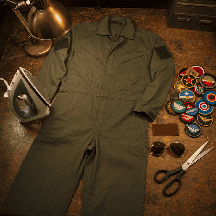 Plain work coveralls and a patch set make a convincing flight suit for less than most costumes.