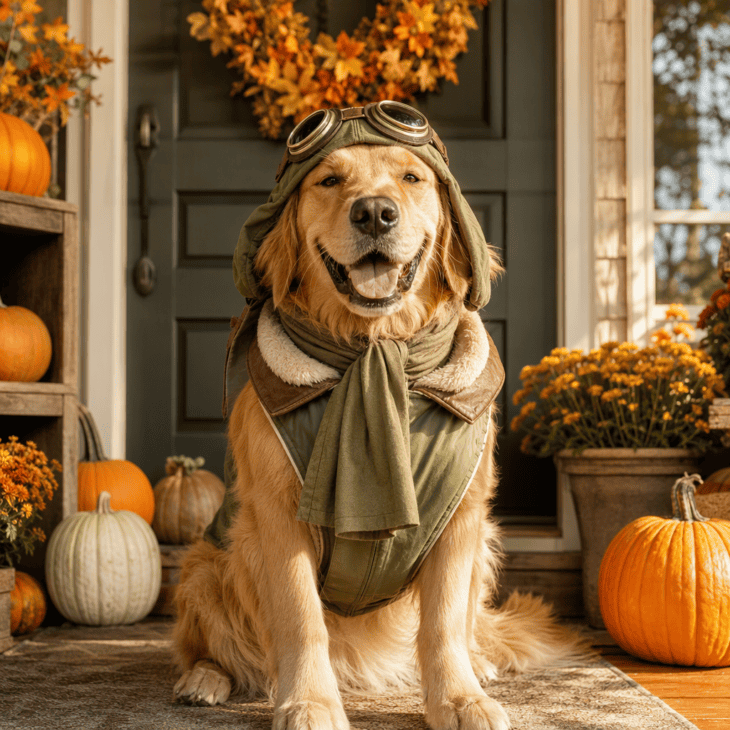 A pilot vest and a soft aviator cap make a dog the most photographed member of the squadron.